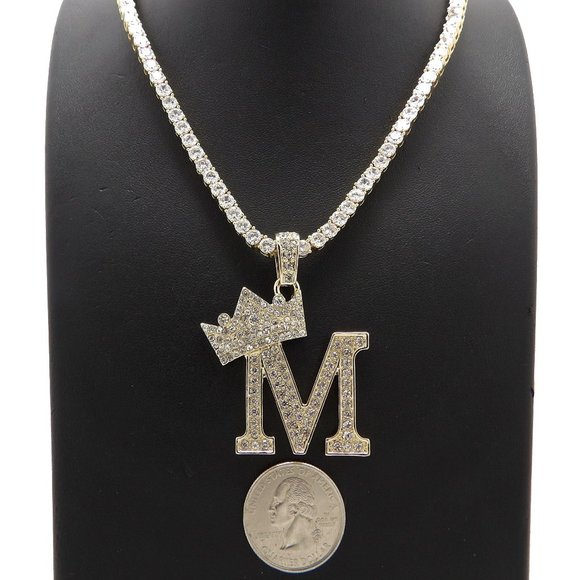 Initial Letter "M" Pendant Tennis Chain Necklace - Picture 1 of 10